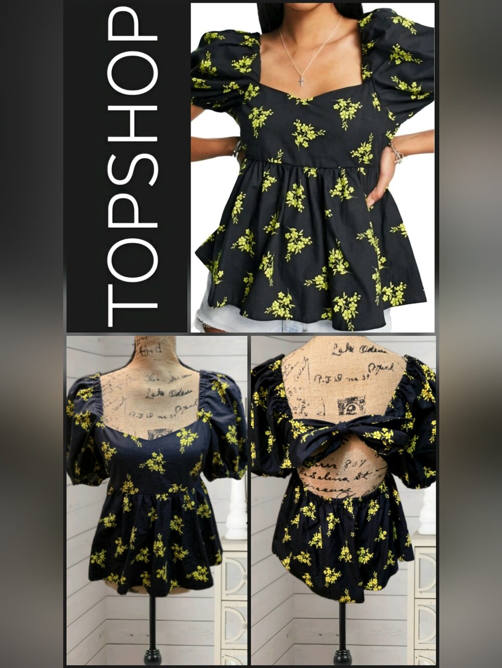 Topshop Black and Yellow Floral Puff-Sleeve Peplum Top